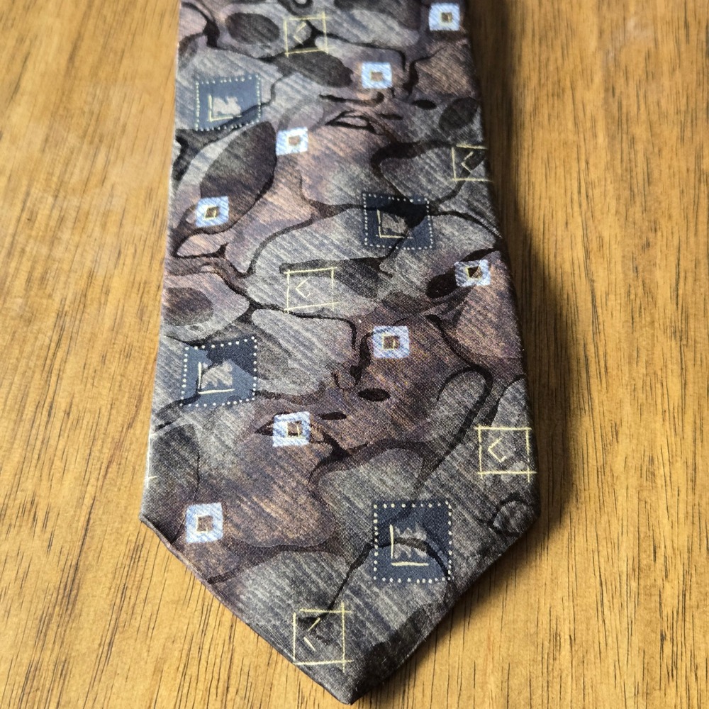 IV Front Mens Silk Necktie Brown Grey Abstract‎ Geometric Made in USA 4 Inch